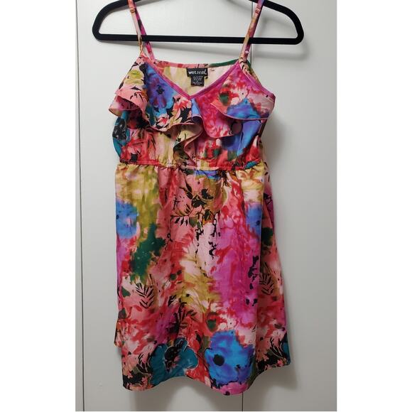 NEW Wet Seal Mini Dress Pink Tie Dye Ruffle Peasant Boho Coquette Size XL - Picture 1 of 5